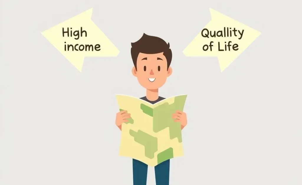 Person at a crossroads choosing between high income and quality of life