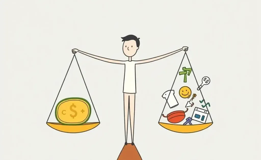 Person balancing scales with money and happiness symbols
