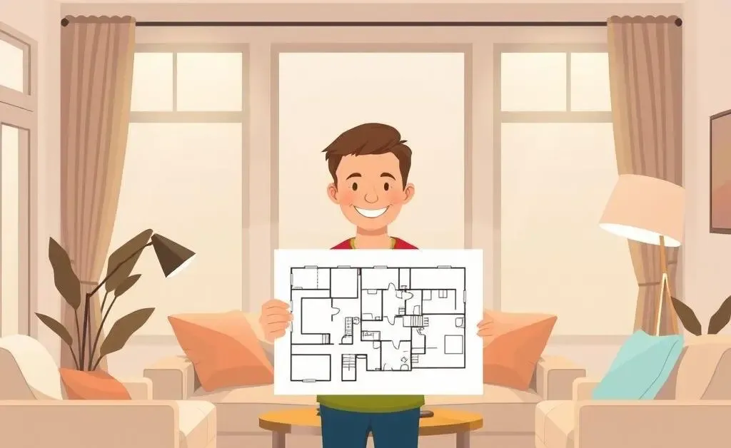 A person holding a floor plan sketch in a cozy living room
