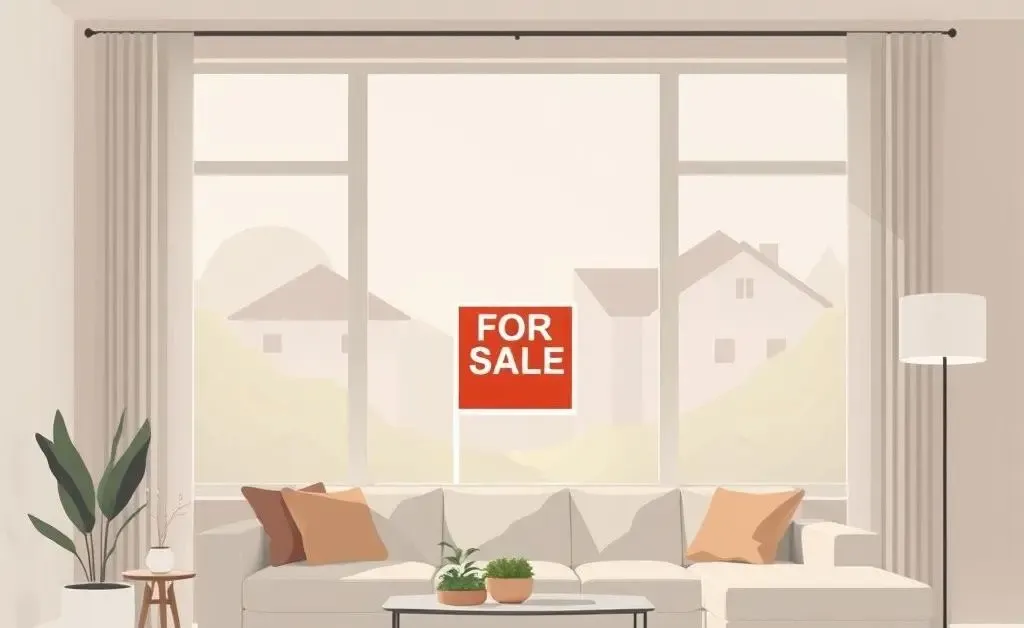 A living room with a 'for sale' sign outside, symbolizing a long market presence