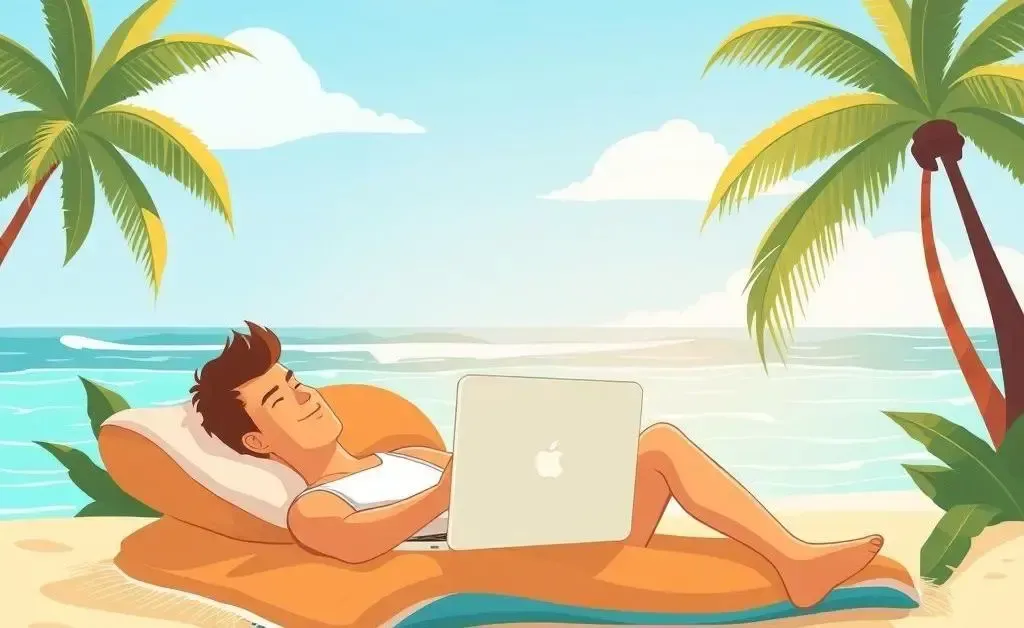 A person lounging on a Brazilian beach with a laptop looking relaxed.