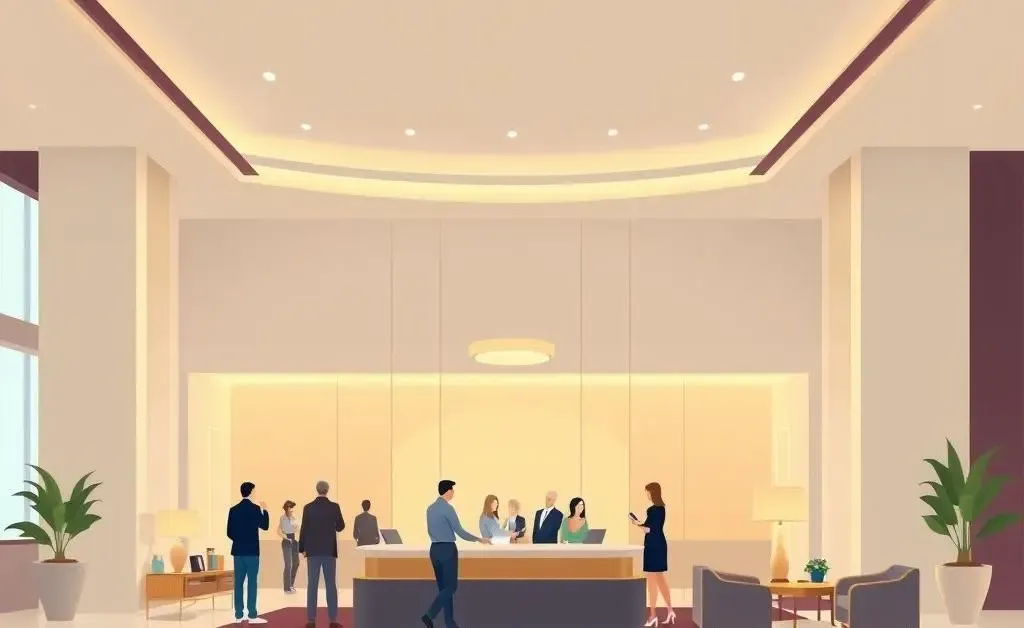 A luxurious hotel lobby with guests checking in.