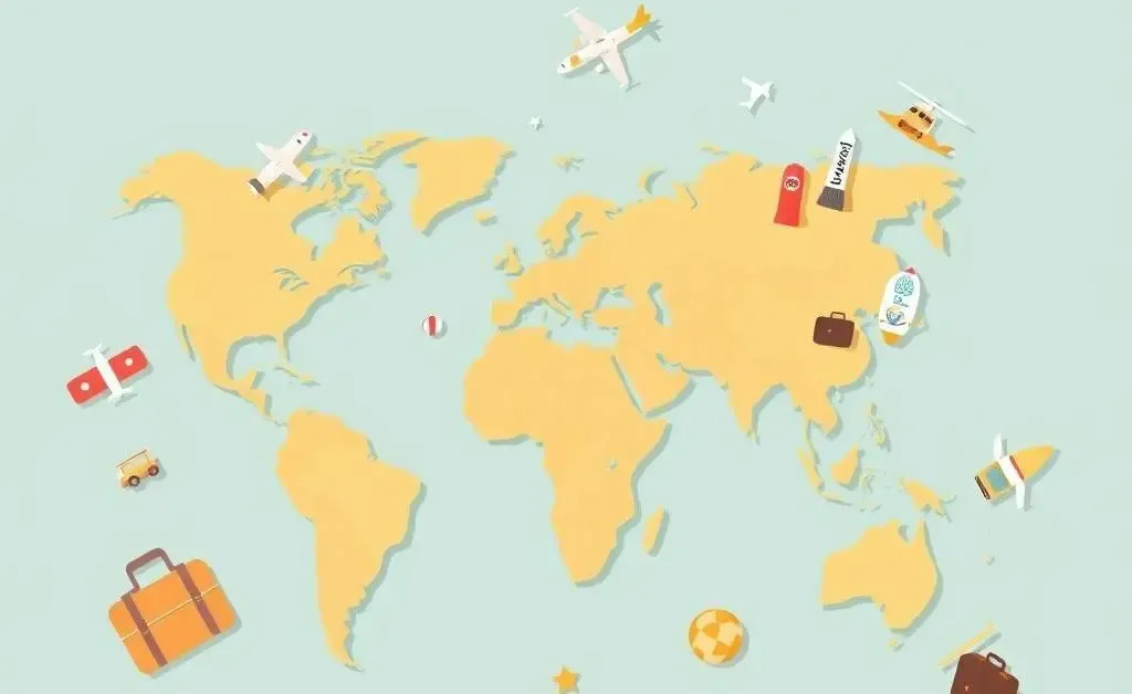 Cozy cartoon-style image of a world map with travel icons.