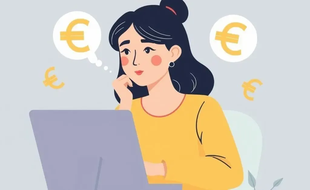 A woman managing finances with euro symbols around her