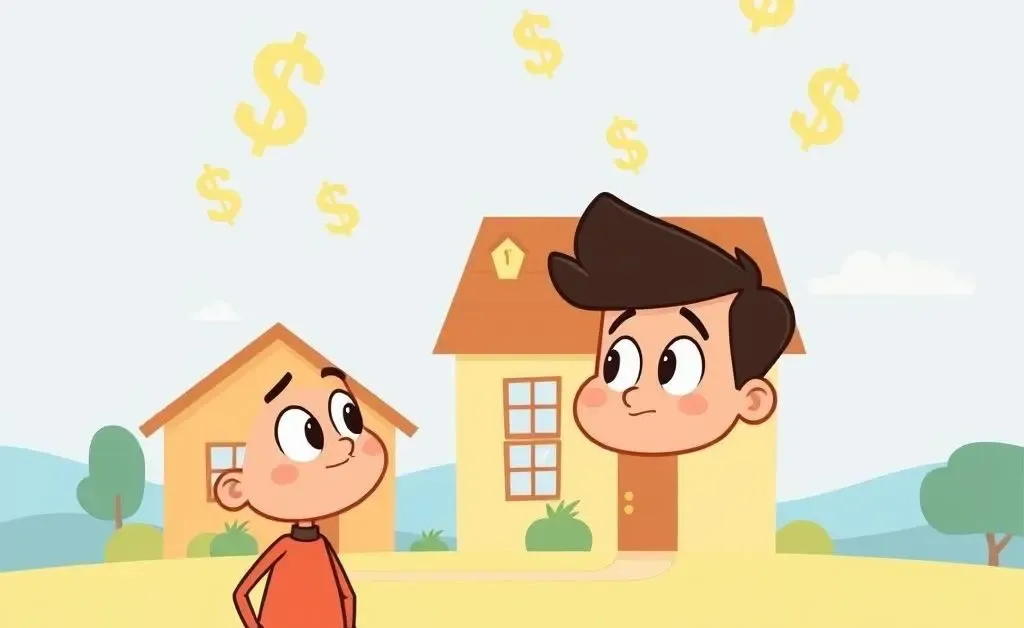 Person looking curiously at a house with dollar signs
