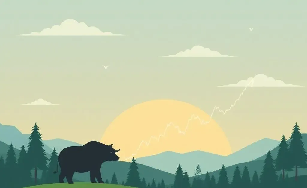 Illustration of a bull and bear in a landscape with a stock market graph.