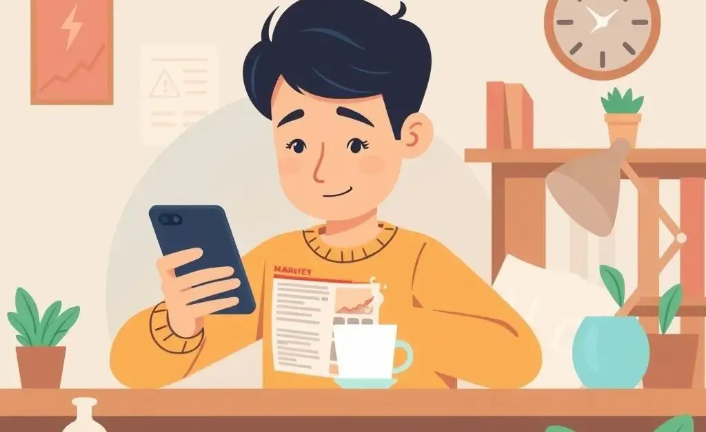 A person reading market news on a smartphone with a coffee