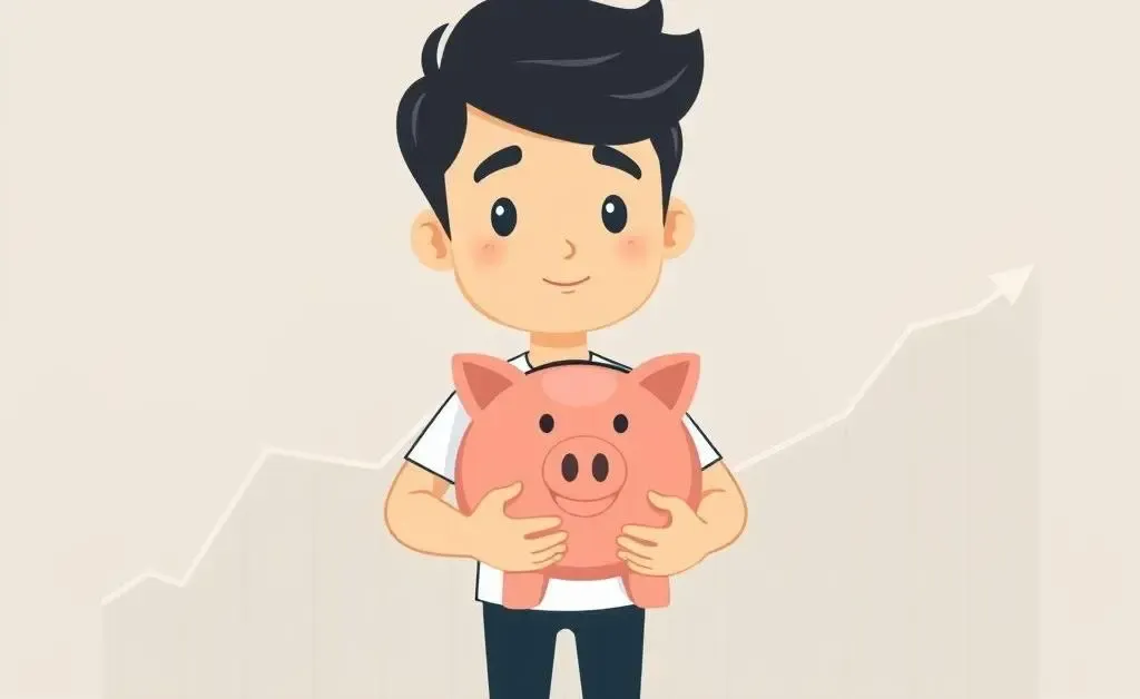 A person with a piggy bank and stock market graphs in the background