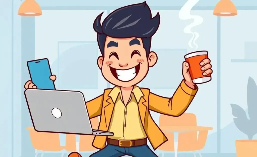 Cartoon of a marketing rep juggling tasks