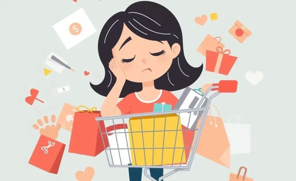 A cartoon woman overwhelmed by her online shopping cart