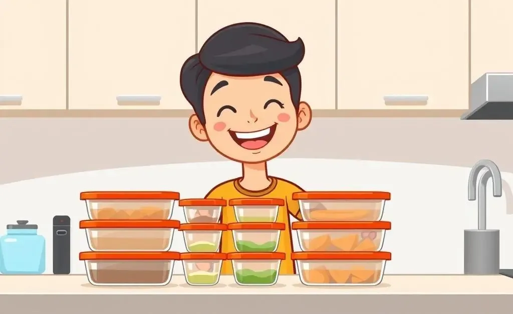 A joyful individual organizing meal prep containers on a kitchen counter.