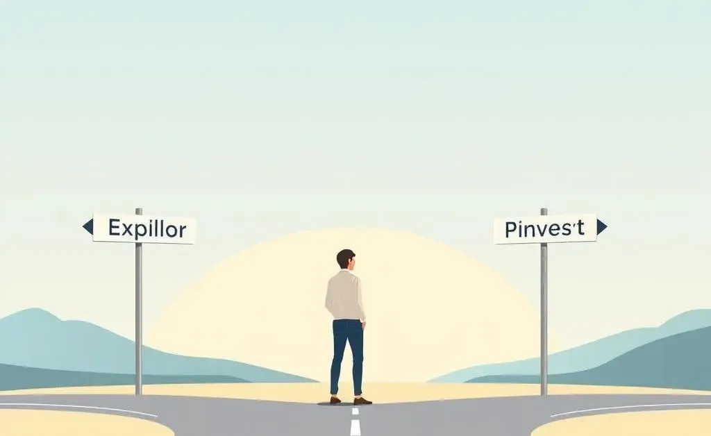 Person standing at a crossroads with signs reading 'Explore', 'Plan', 'Invest'.