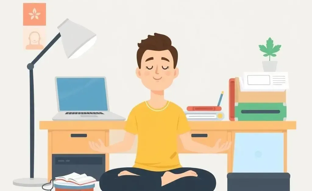 Person meditating peacefully at a desk with digital devices