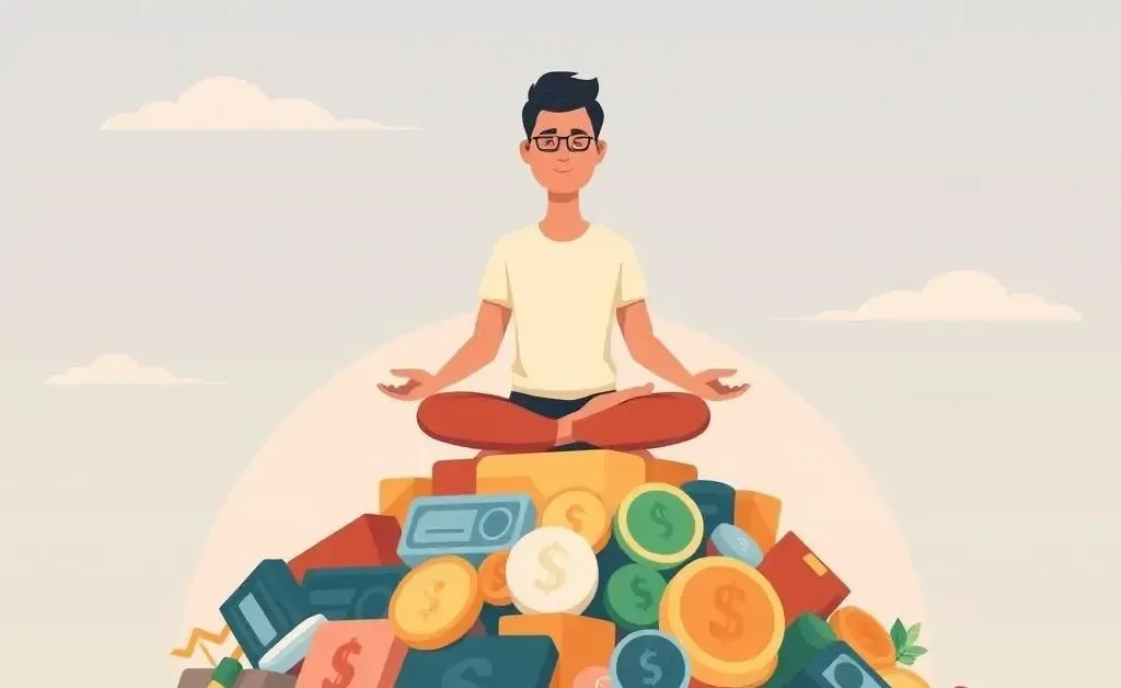 Person meditating on top of stock symbols surrounded by market graphs