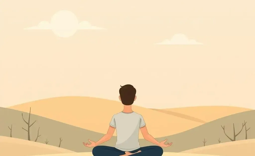 Cartoon person meditating in a serene landscape