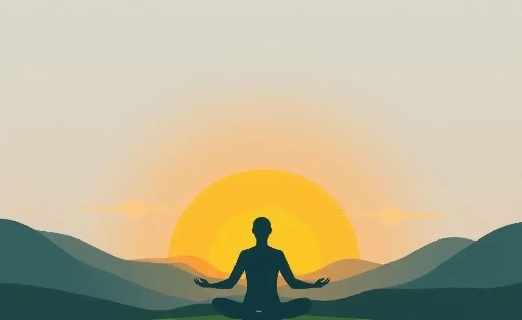 A person meditating during sunrise in a tranquil landscape