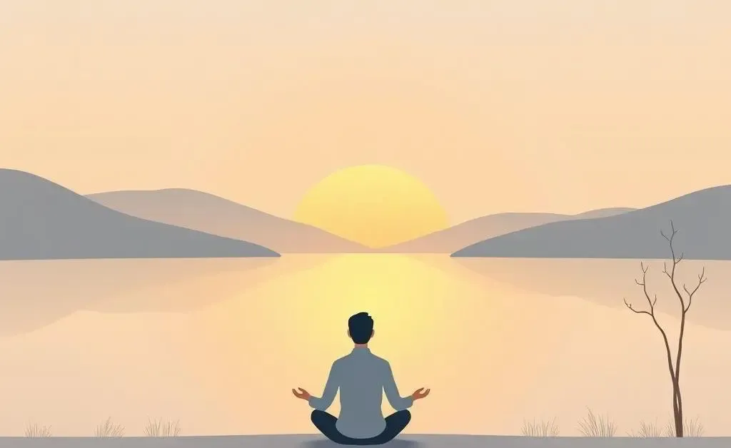 An illustration of a person meditating by a calm lake at sunrise