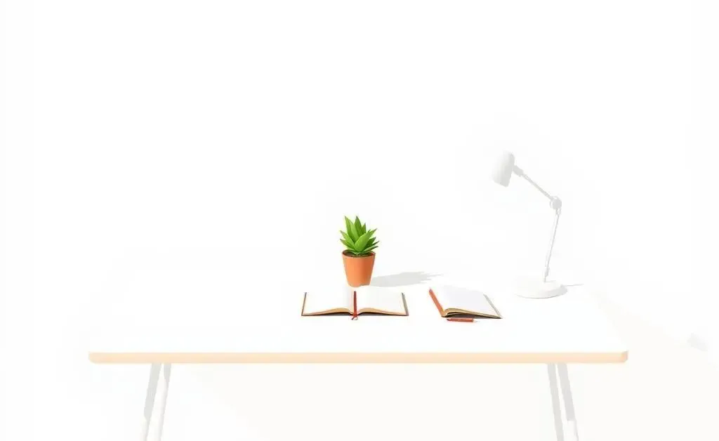 A clean, minimalist desk with a small potted plant and open notebook