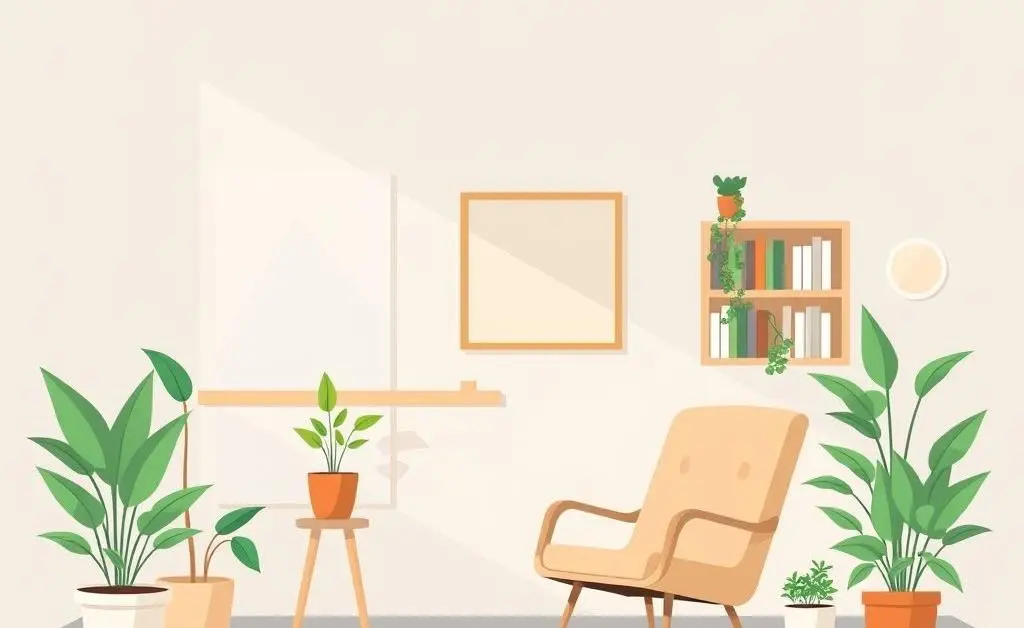 A minimalist living room with plants and simple furnishings
