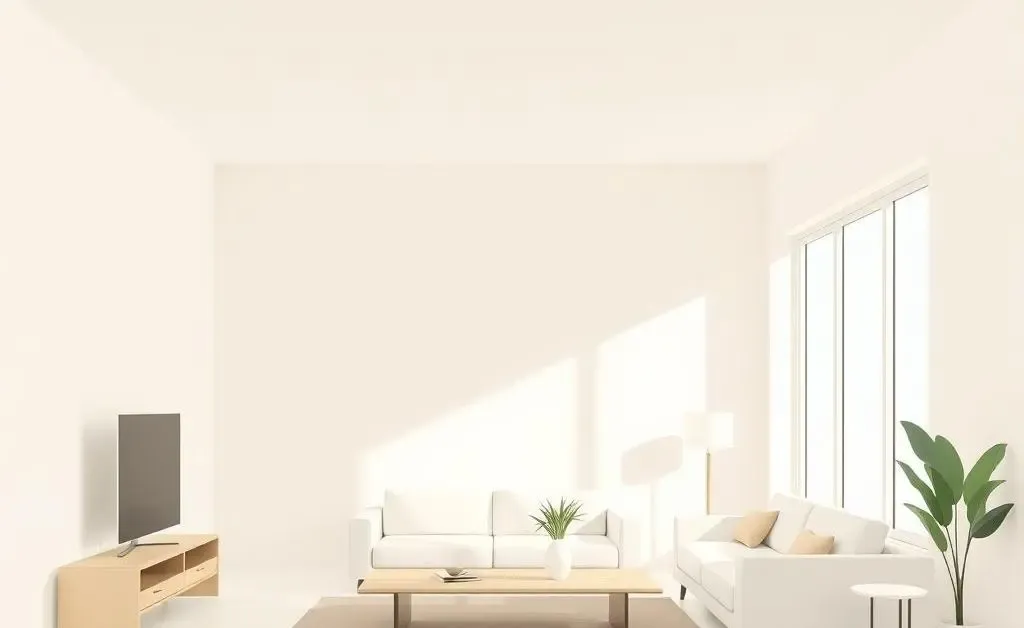 A tranquil minimalist living space with natural light and sparse furnishings