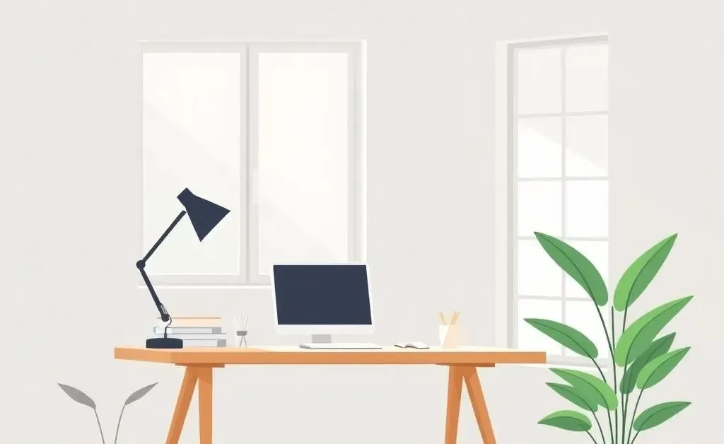 A clean and simple minimalist workspace with a desk and plant
