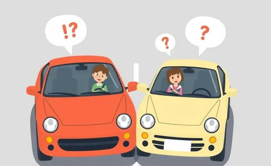 Two cars bumping lightly in a parking lot with drivers exchanging information