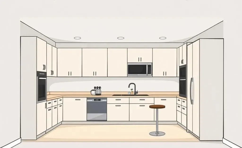 Illustration of a basement with a kitchen and a wet bar