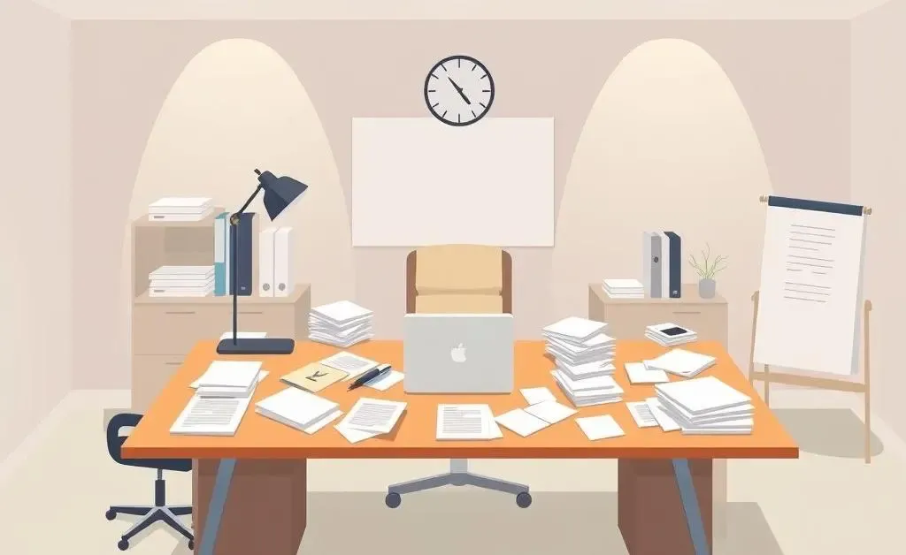 Modern lawmaker's office desk with documents and laptop