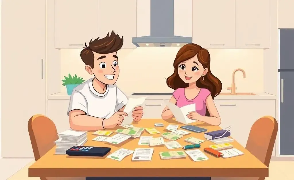 Couple reviewing monthly expenses with bills and calculator on the table