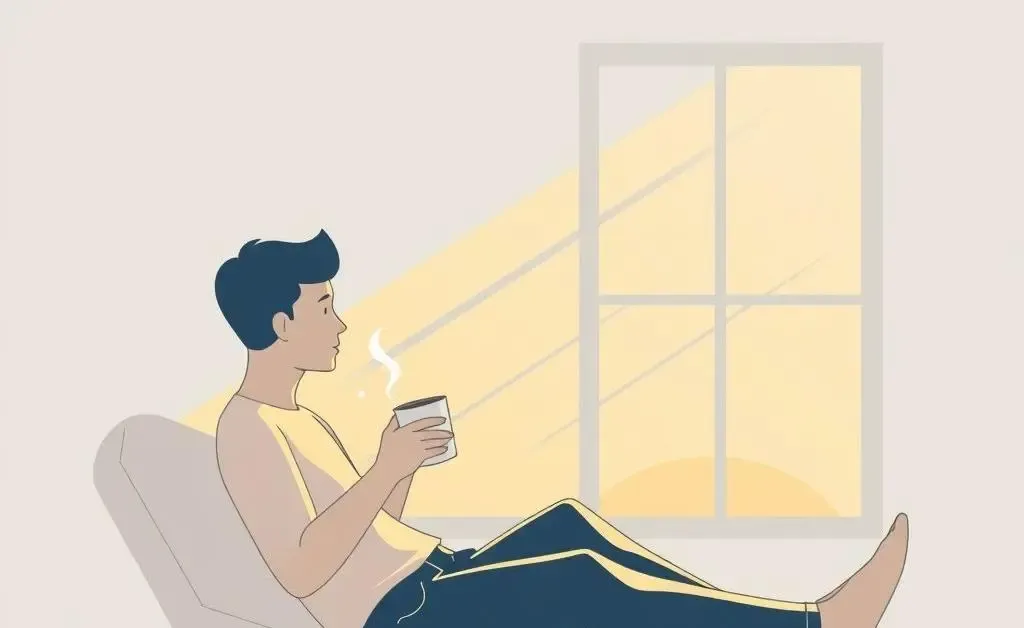 A peaceful morning scene with sunshine filtering through while someone enjoys coffee