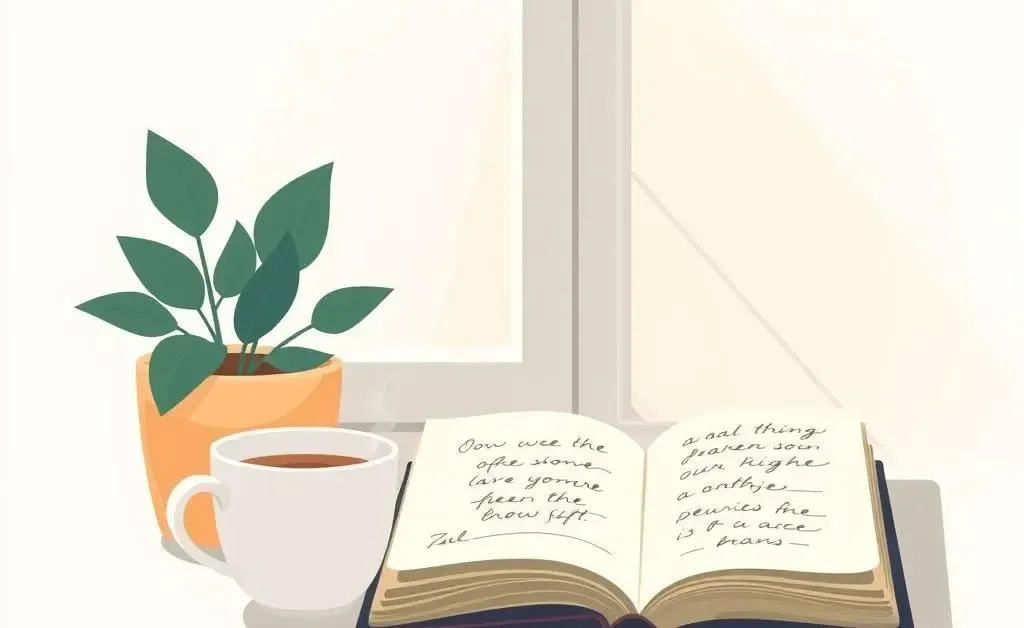 A serene morning setup with coffee, a journal, and a plant by a window