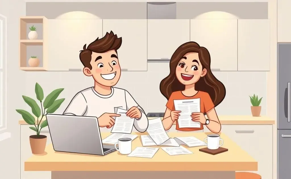 A couple reviewing mortgage documents at a kitchen table