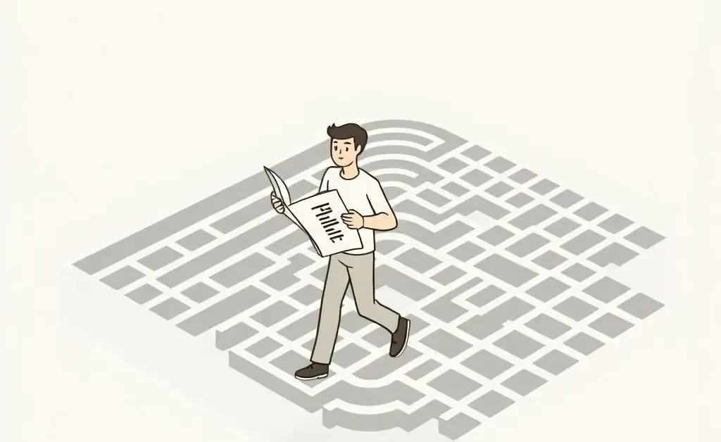 Illustration of a person navigating a large maze with a roadmap