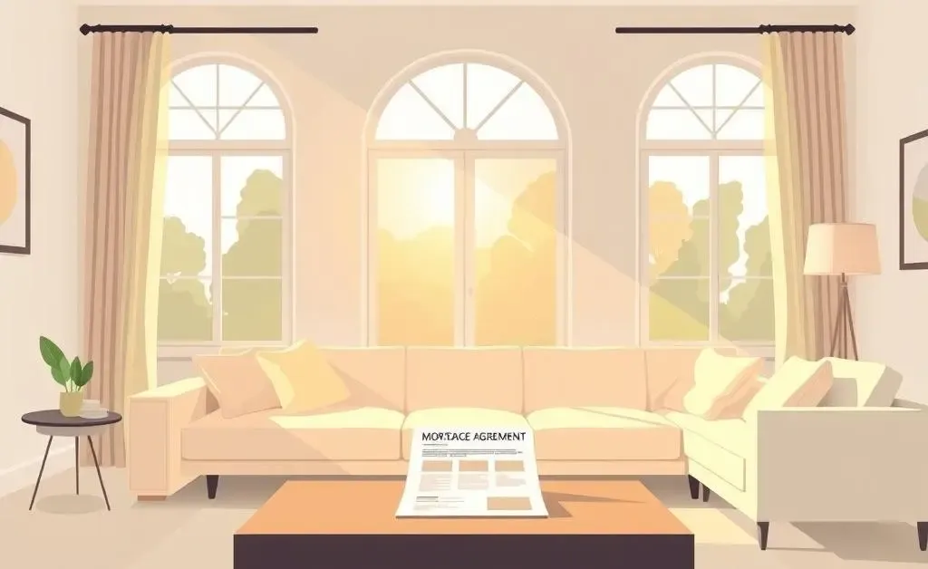 Living room with mortgage document on the table and sunlight streaming in
