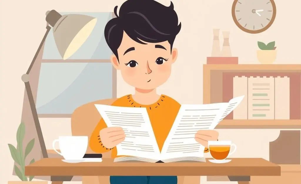A person reading financial documents at a desk, with a warm and inviting atmosphere.