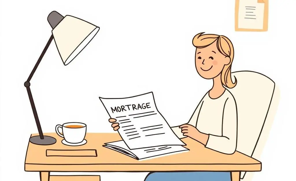 Illustration of a person reviewing mortgage papers with tea