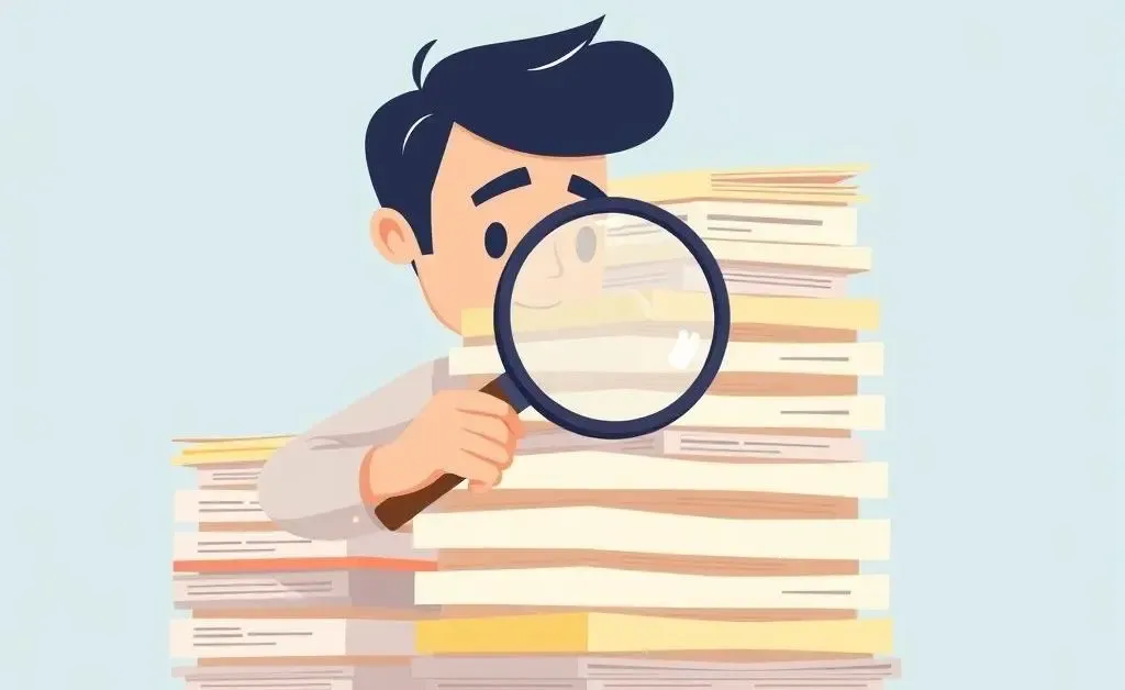 Cartoon of a person examining mortgage documents with a magnifying glass