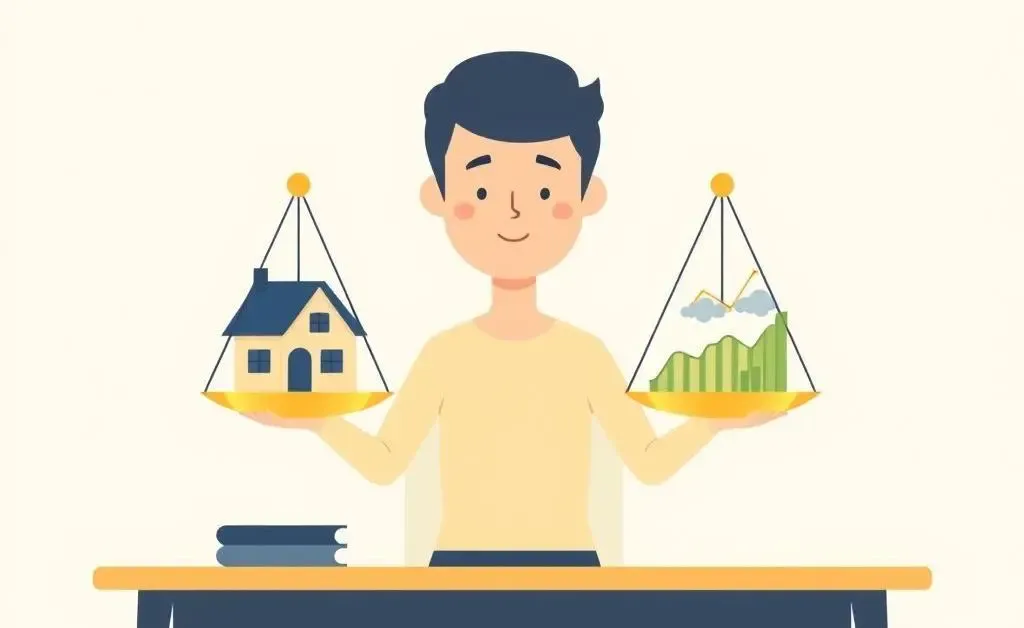 A person contemplating the choice between mortgage payoff and investing in stocks, depicted with scales.