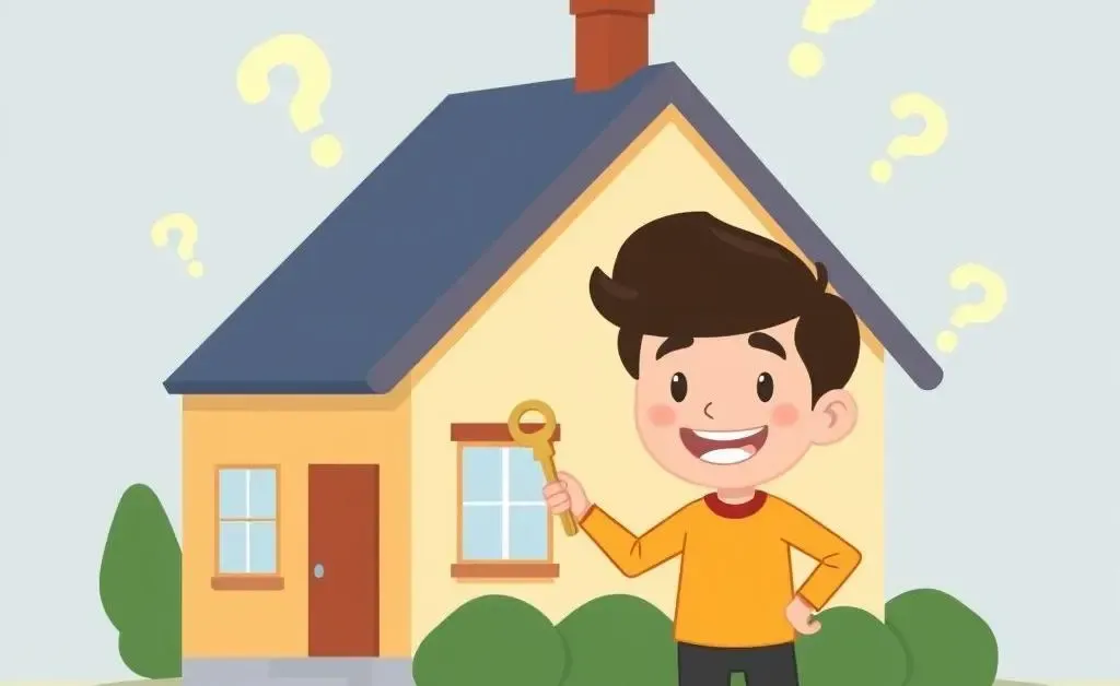 A person holding house keys with question marks above their head next to a house.