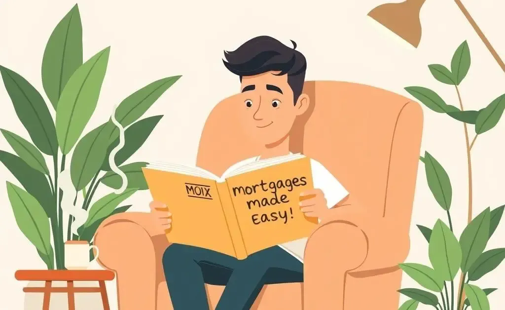 Person reading a book titled 'Mortgages Made Easy' in a cozy setting