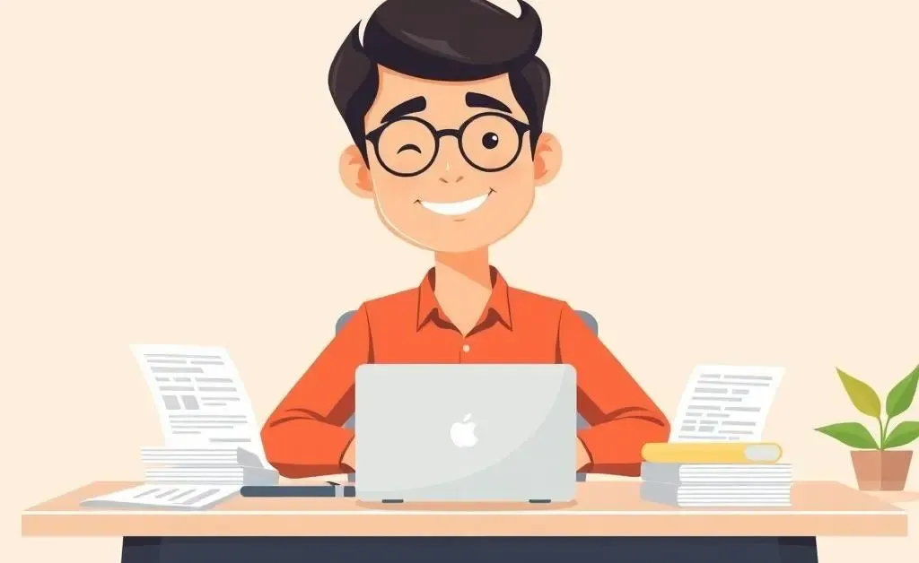 A person in their 30s planning finances at a desk with a laptop and documents.