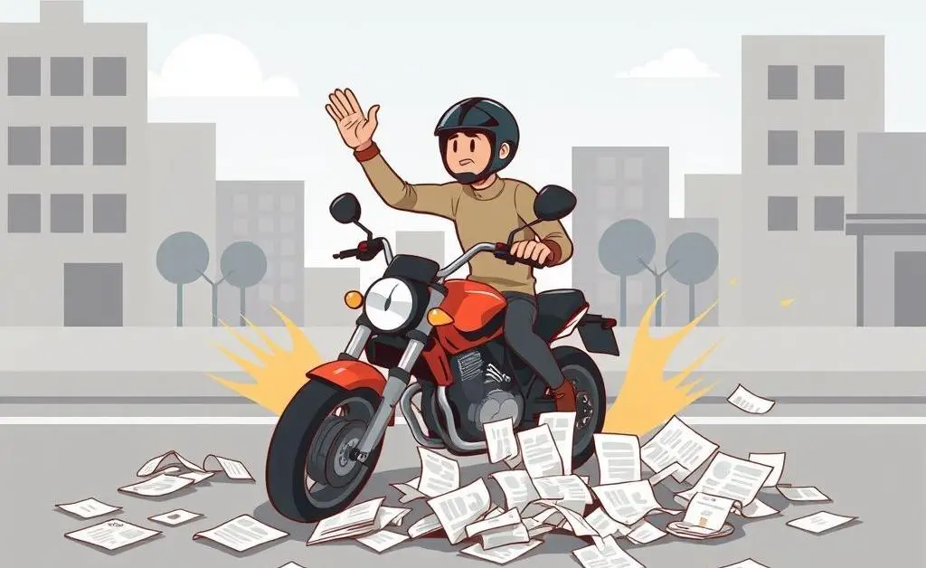 A cartoon-style depiction of a motorcycle accident scene with insurance paperwork.