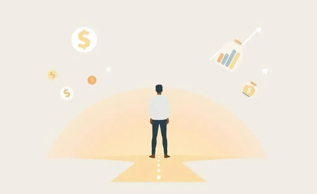 Person at crossroads with financial symbols around them