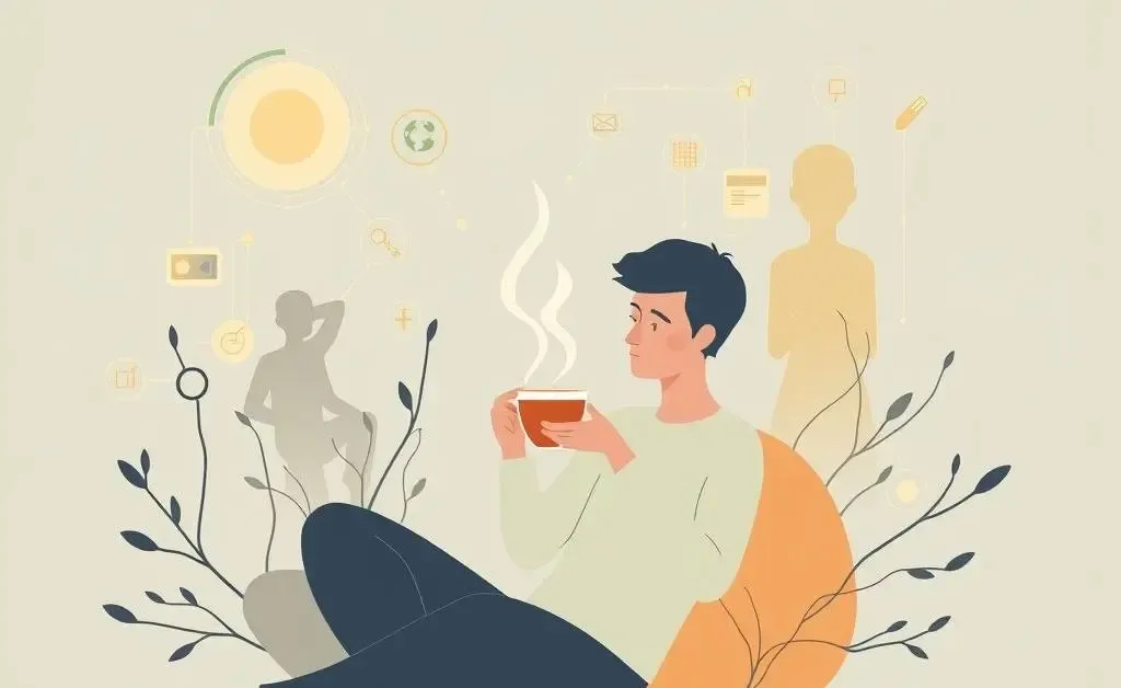 A calm person with a cup of tea surrounded by abstract technology