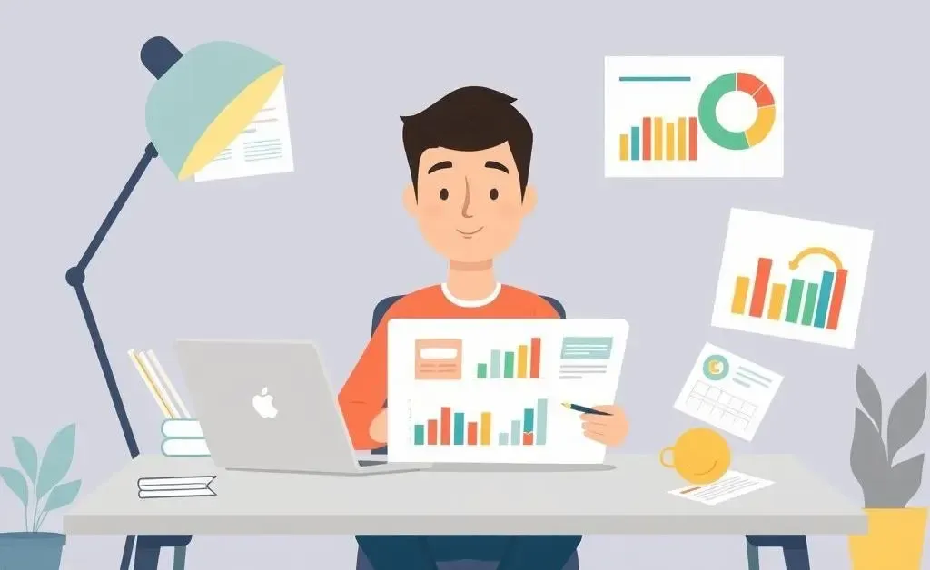 A person reviewing their finances at a desk with charts and bills.