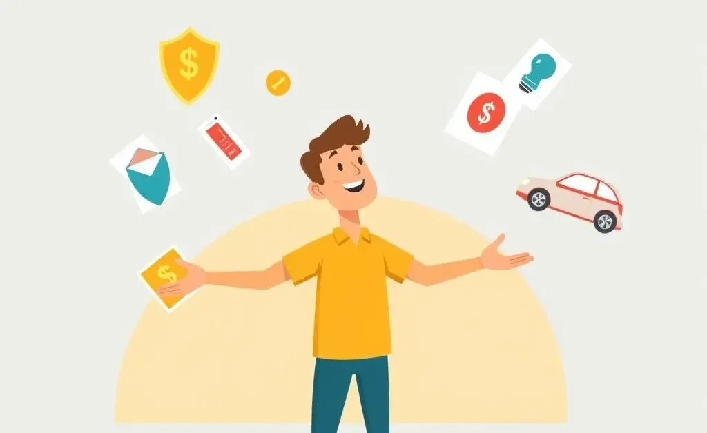 A cartoon of a person juggling different car insurance options