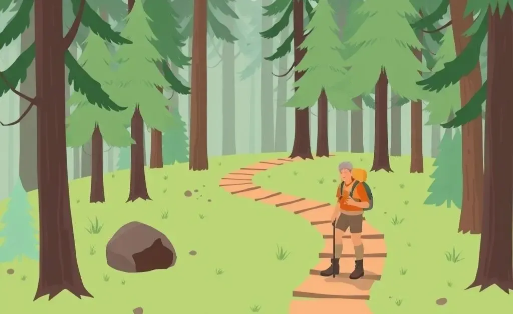 Illustration of a traveler confidently navigating a forked path in a forest