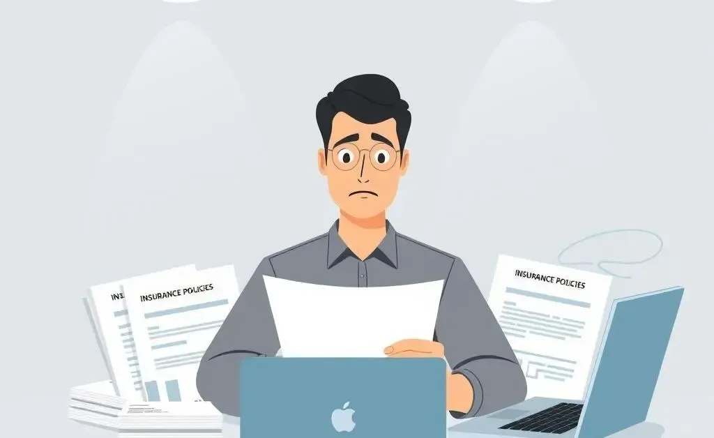Person puzzled over health insurance paperwork with a laptop.
