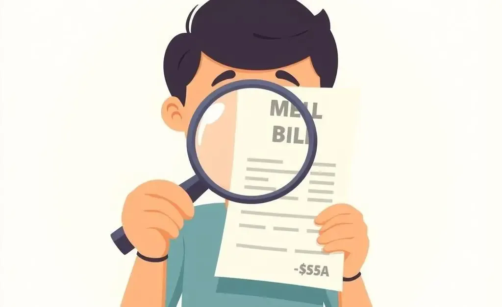 Person examining a medical bill with a magnifying glass