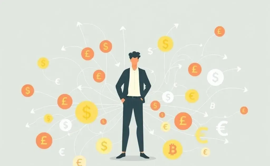 A person navigating international bank transfers represented by currency symbols.